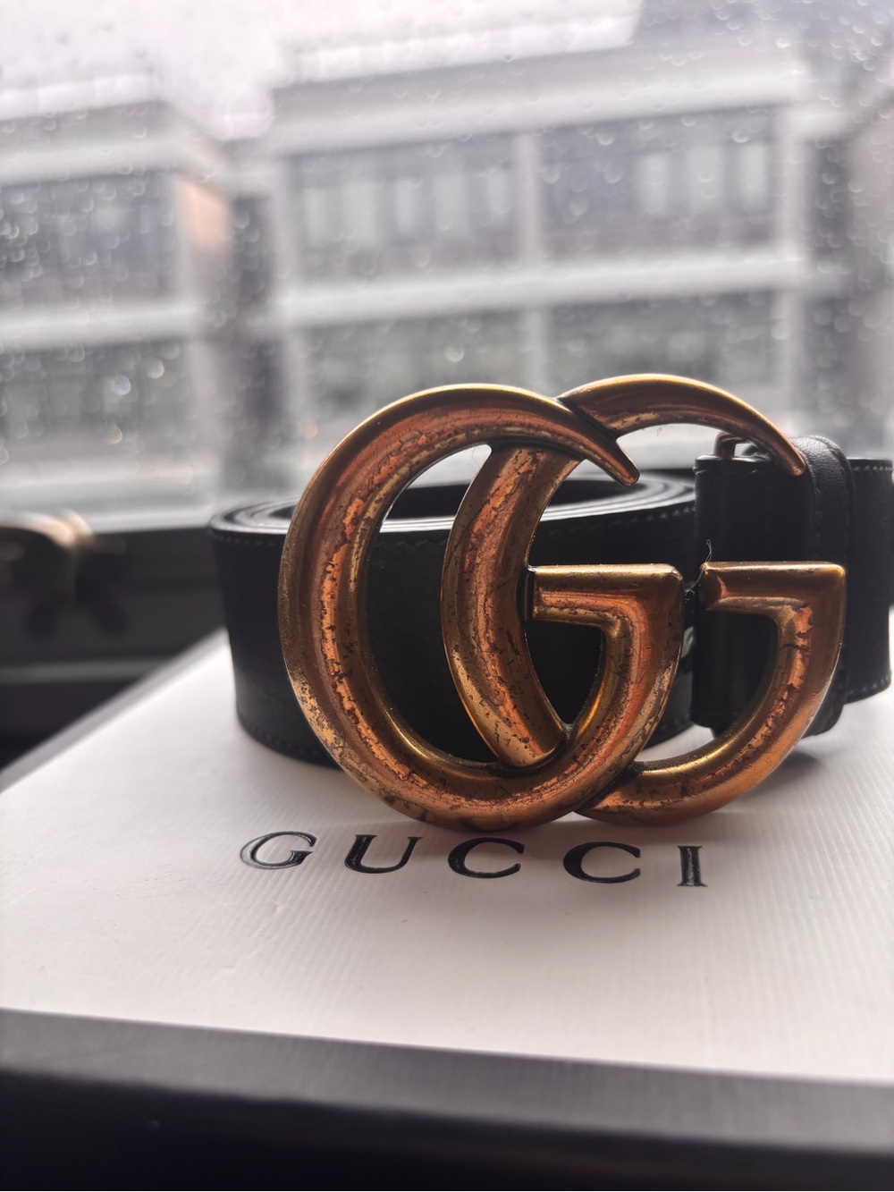 Gucci Black Leather Belt with Antique Gold Double G Buckle - Picture 3 of 5